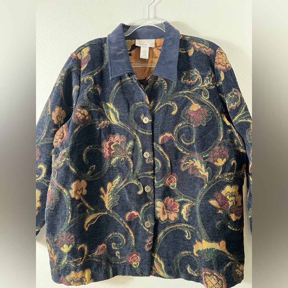 Susan Graver Floral Tapestry Button Up Suede Collar Navy Blue Blazer Jacket 1X - Picture 2 of 7